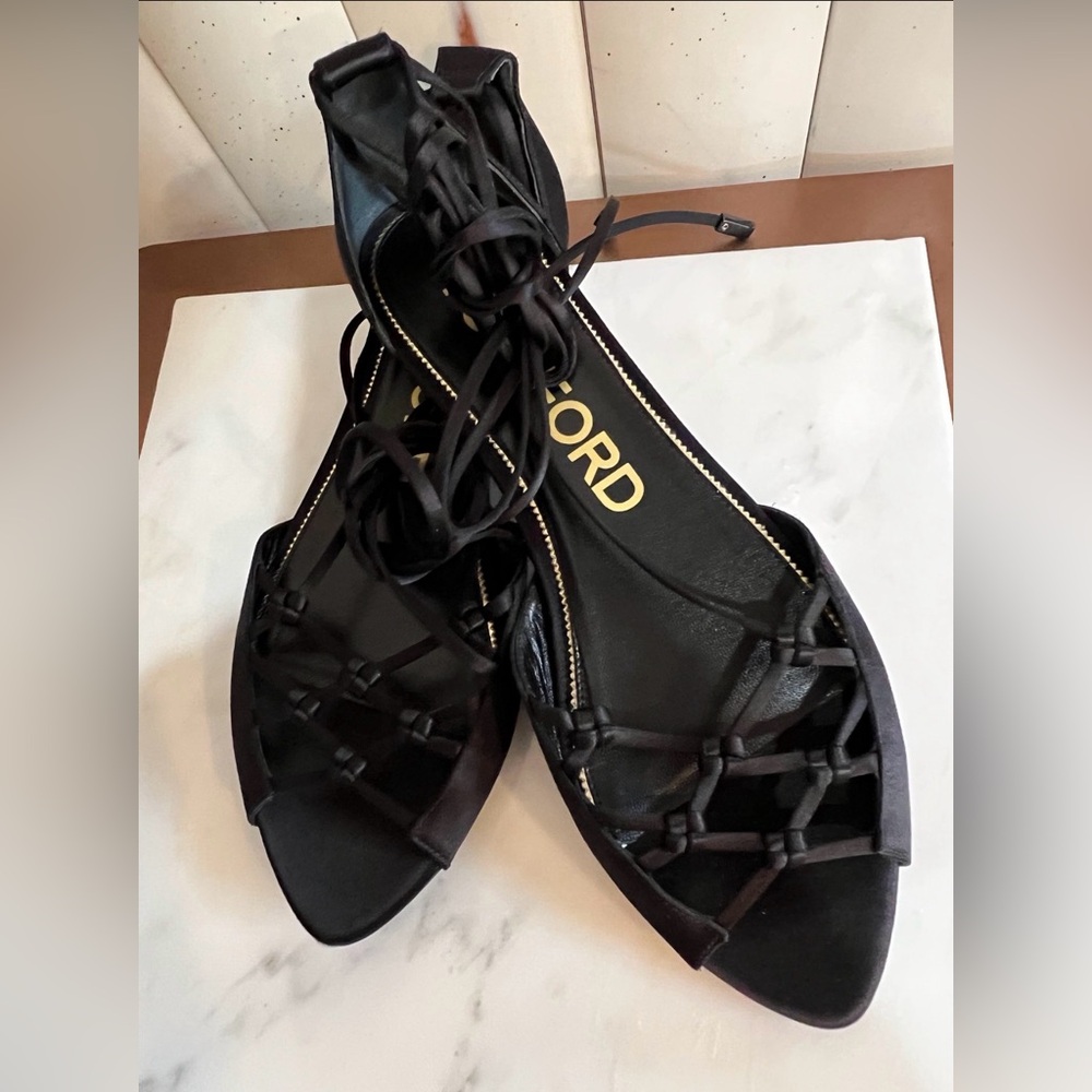 Tom Ford Black Satin Strappy Sandals TieUp